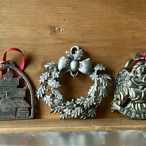 Pewter Ornaments Holiday Wreath, Angel and Havstad Norge pewter Ornament